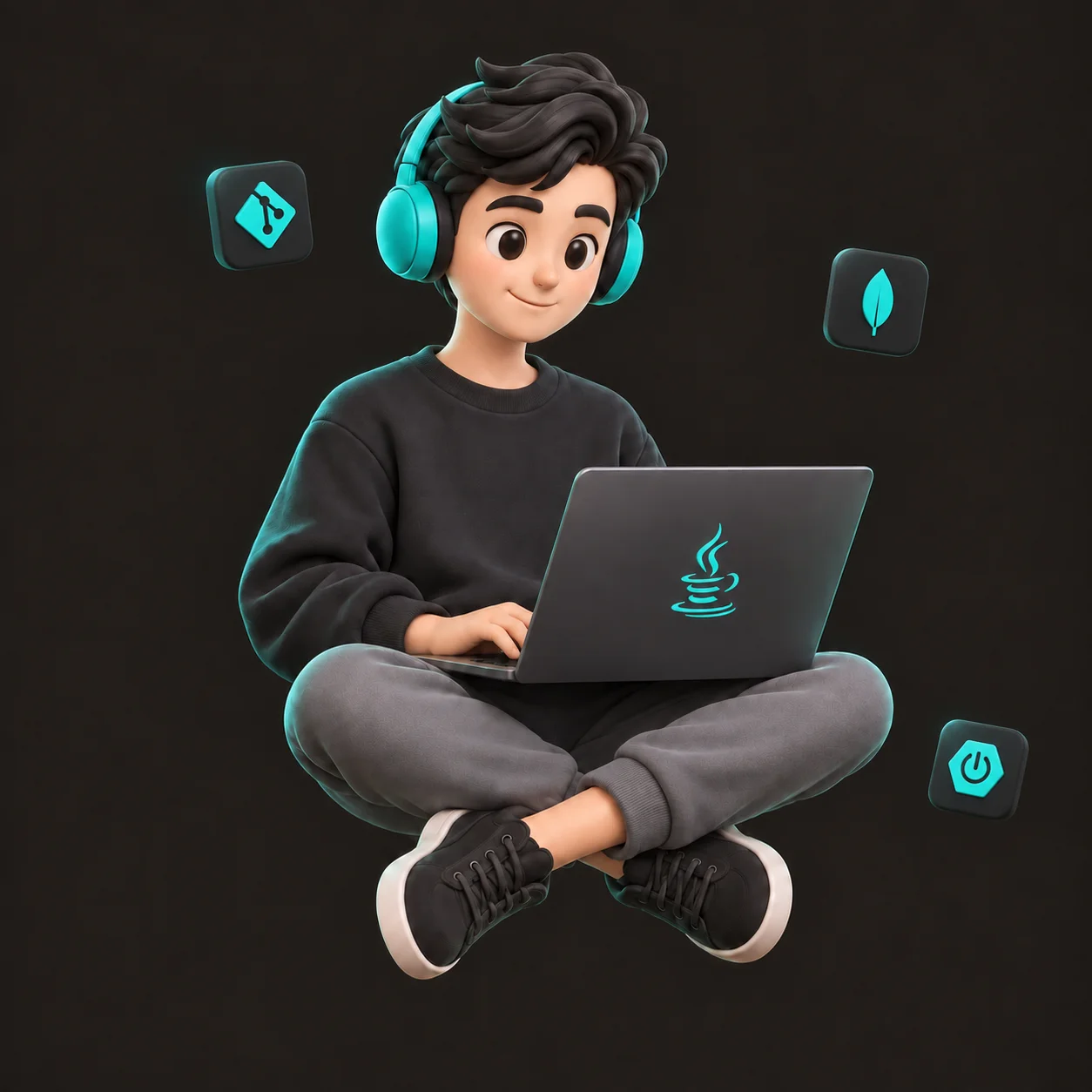 Developer with a Java logo on the laptop and floating Git, MongoDB, and Spring Boot logos in turquoise